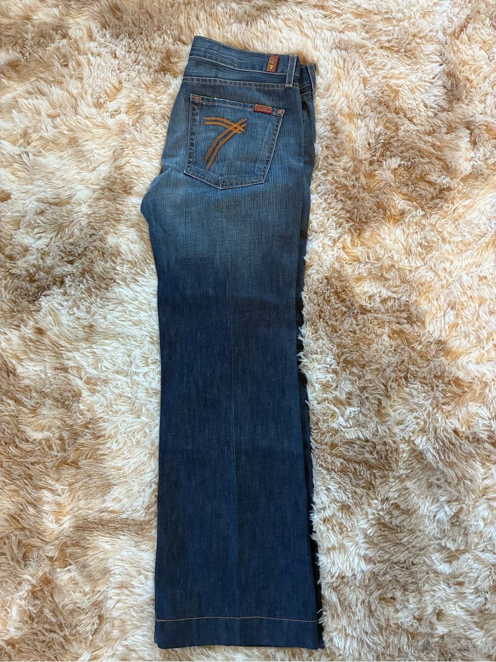 7 For All Mankind Dark Blue Bootcut Jeans with Orange Stitching